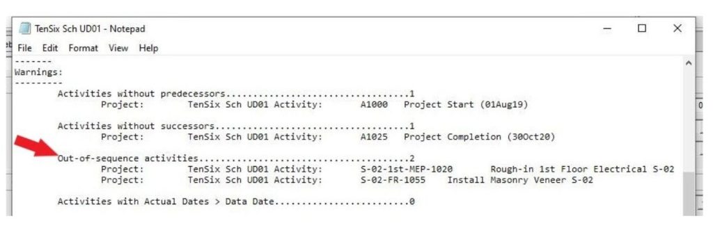 The Primavera P6 schedule log Out-of-Sequence, OOS activities list