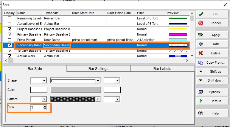 In the example below, the Secondary Baseline (labeled Second Baseline) is set to display on Row 3, using a regular-width and low-position style for visual separation.