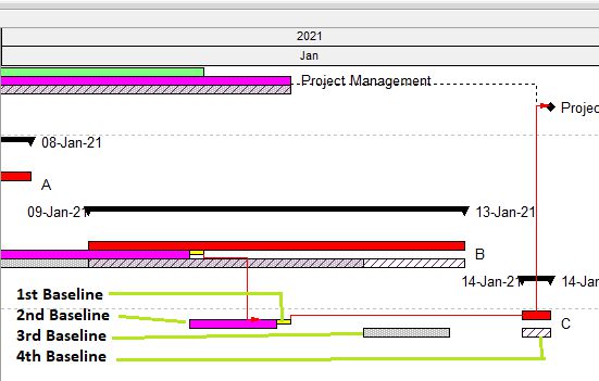 Once applied, your Gantt chart will display all four baselines with properly spaced rows and clear visual styling.