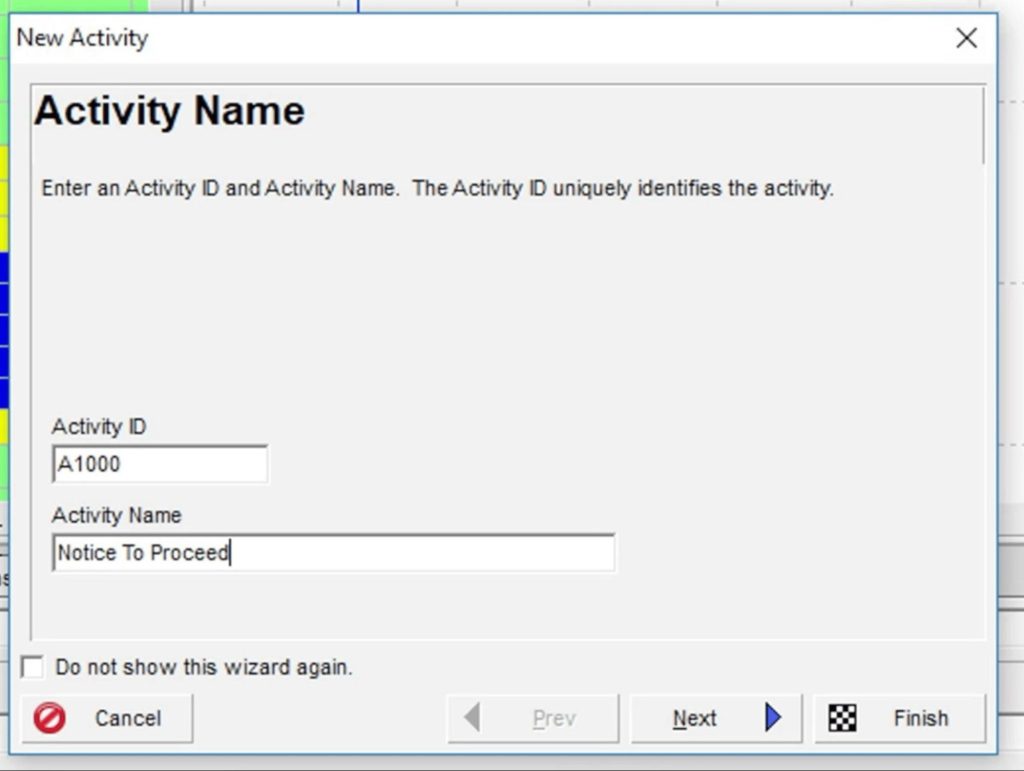 Step 1: Activity ID and Name in Primavera P6